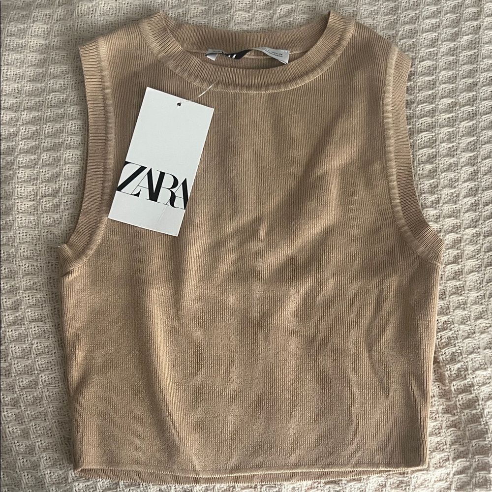 Zara Beige Sleeveless cropped Tank Top